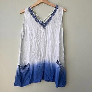 White &‎ Blue Dip Dye V-Neck Sleeveless Top With Embroidered Trim & Pockets
